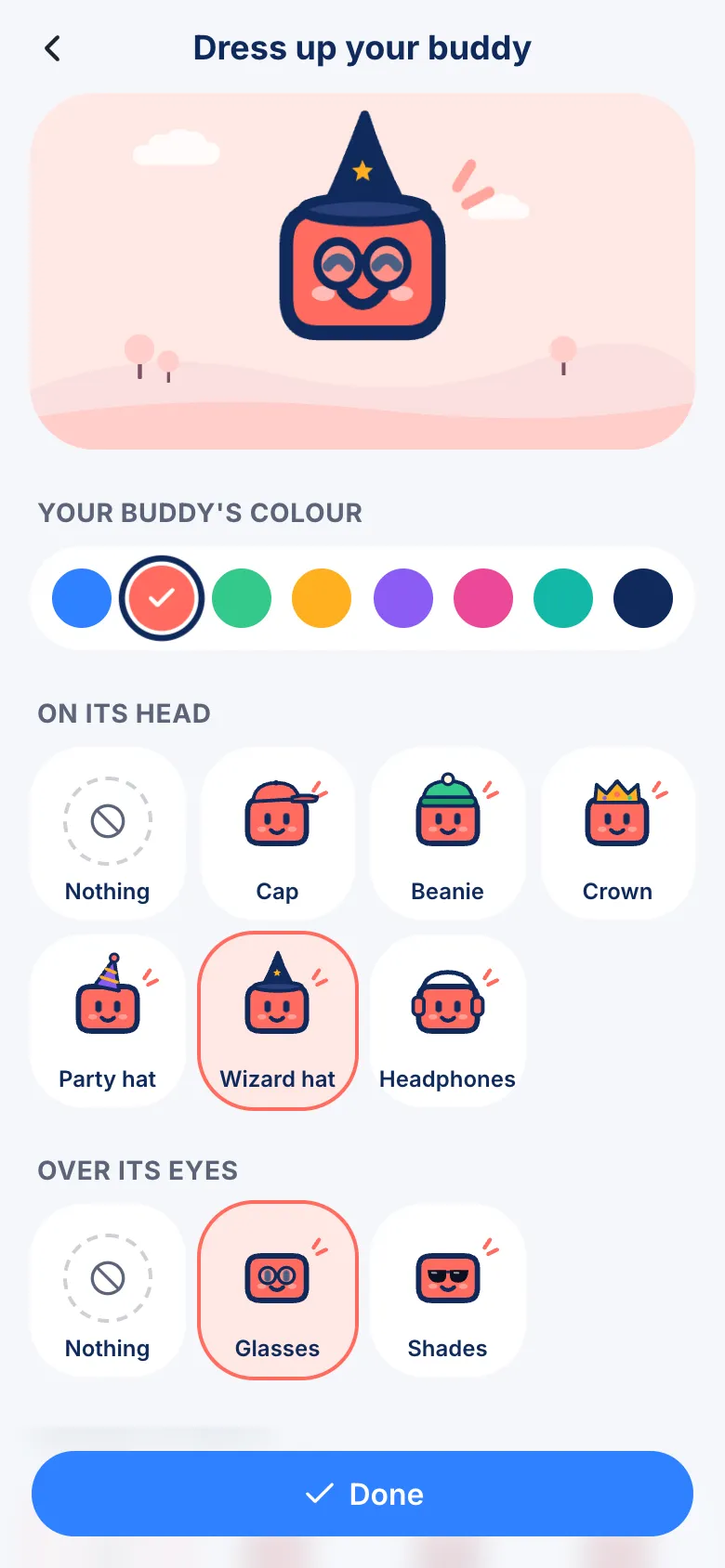 Dressing up the buddy in a wizard hat and glasses