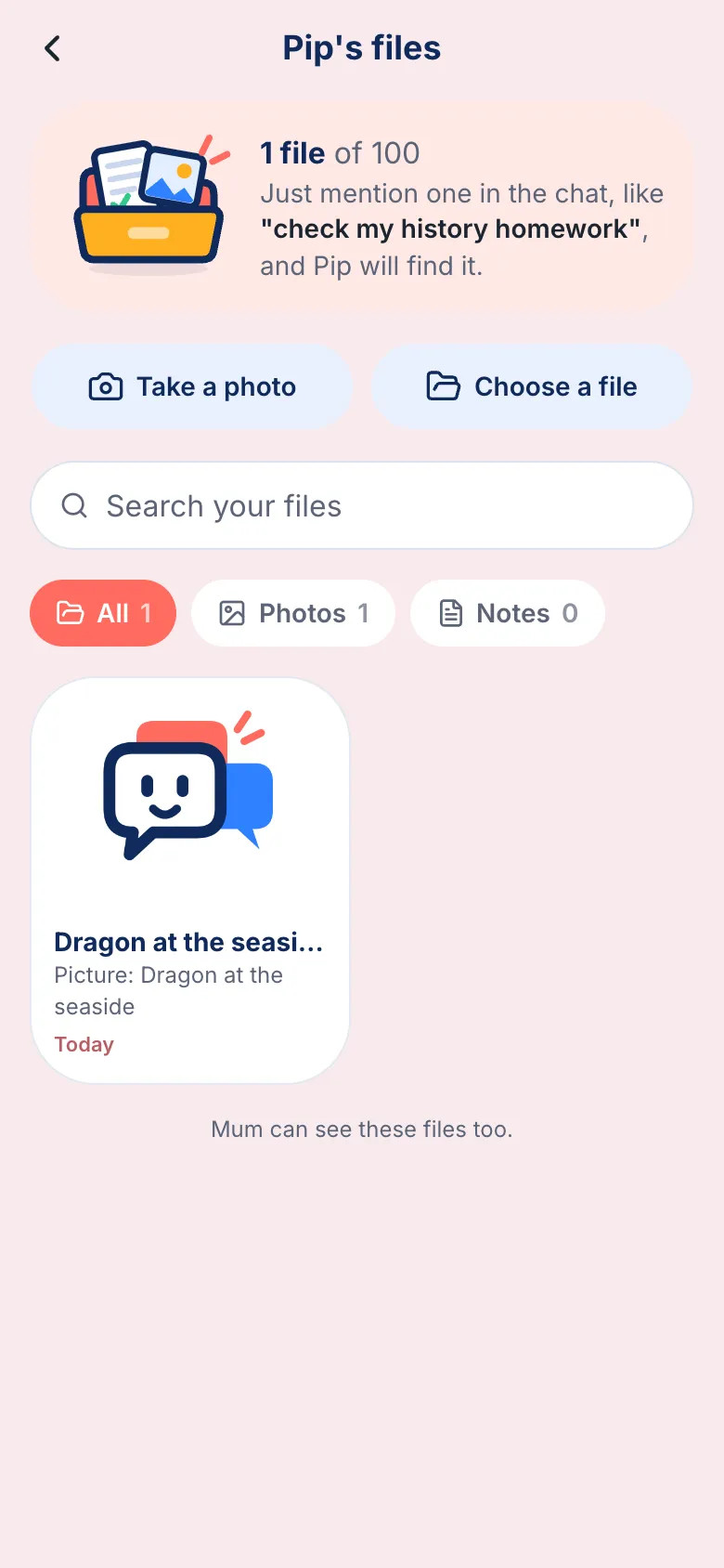 My files, with buttons to take a photo or choose a file