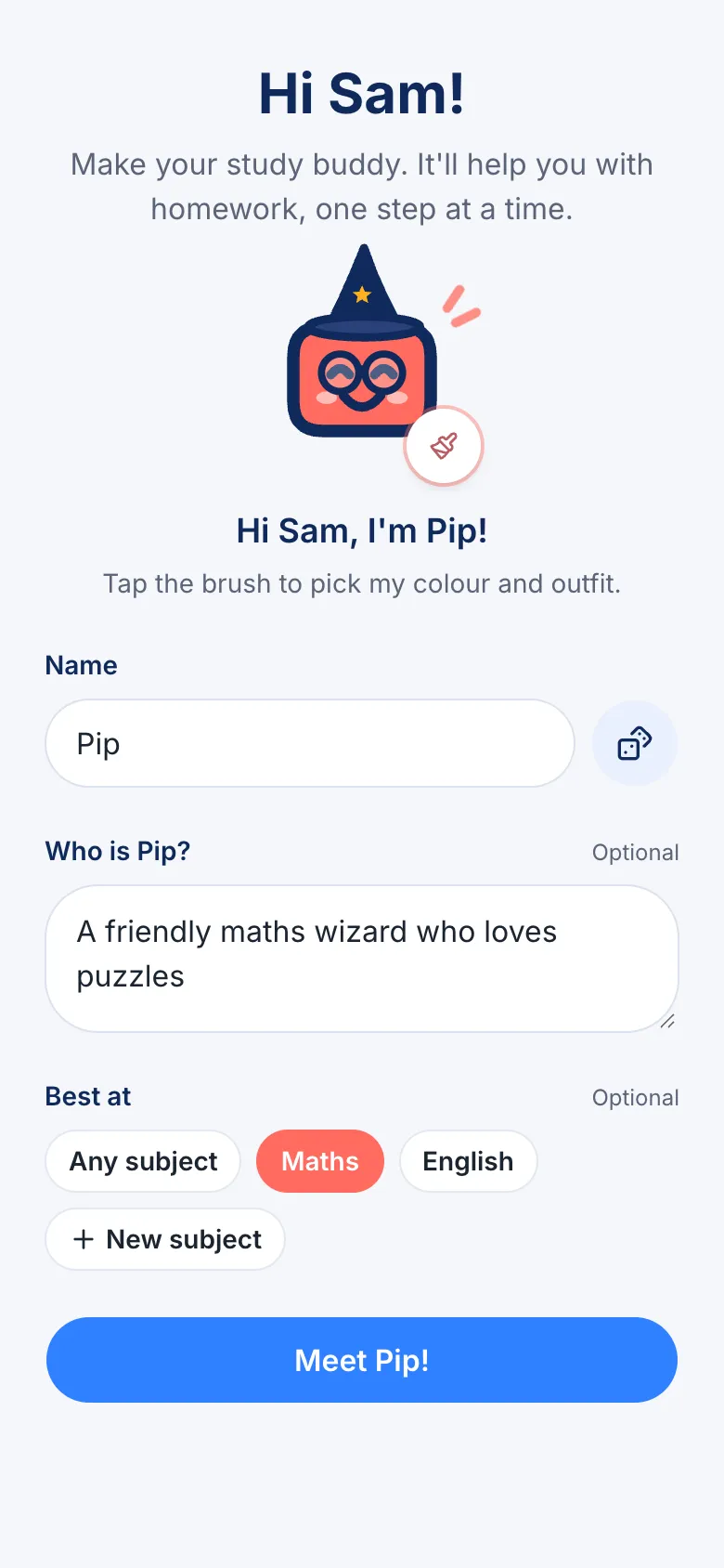 Naming a buddy Pip, who is best at Maths