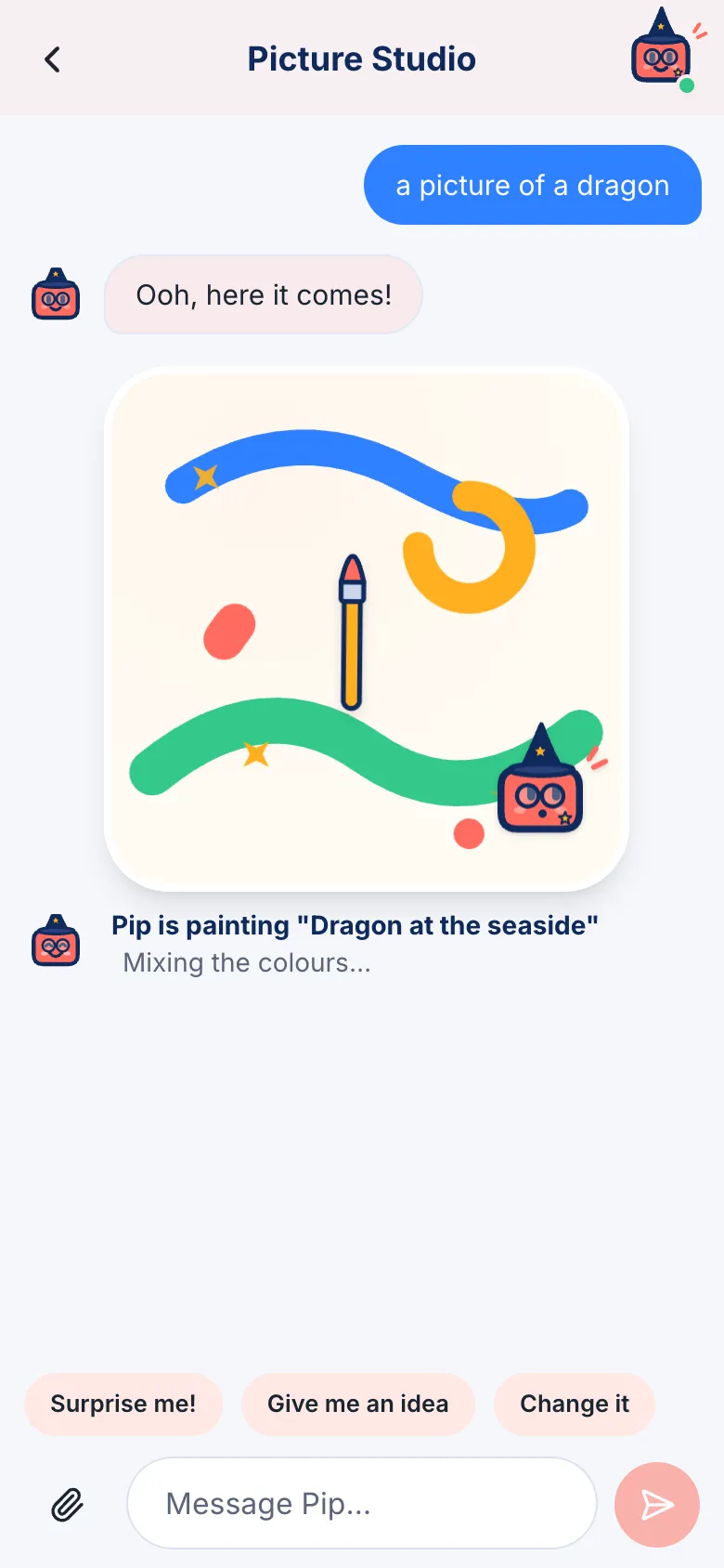 The buddy painting a picture of a dragon at the seaside