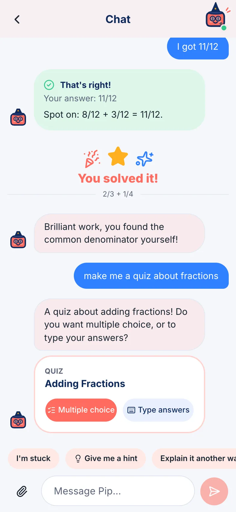 The buddy offers a quiz about adding fractions