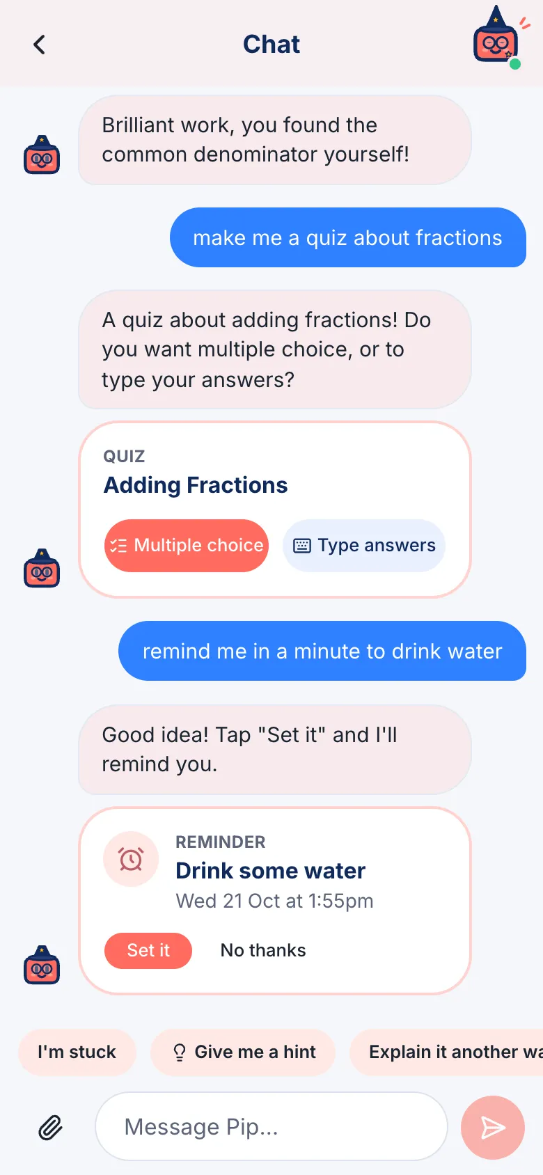 A reminder to drink some water, with Set it and No thanks buttons