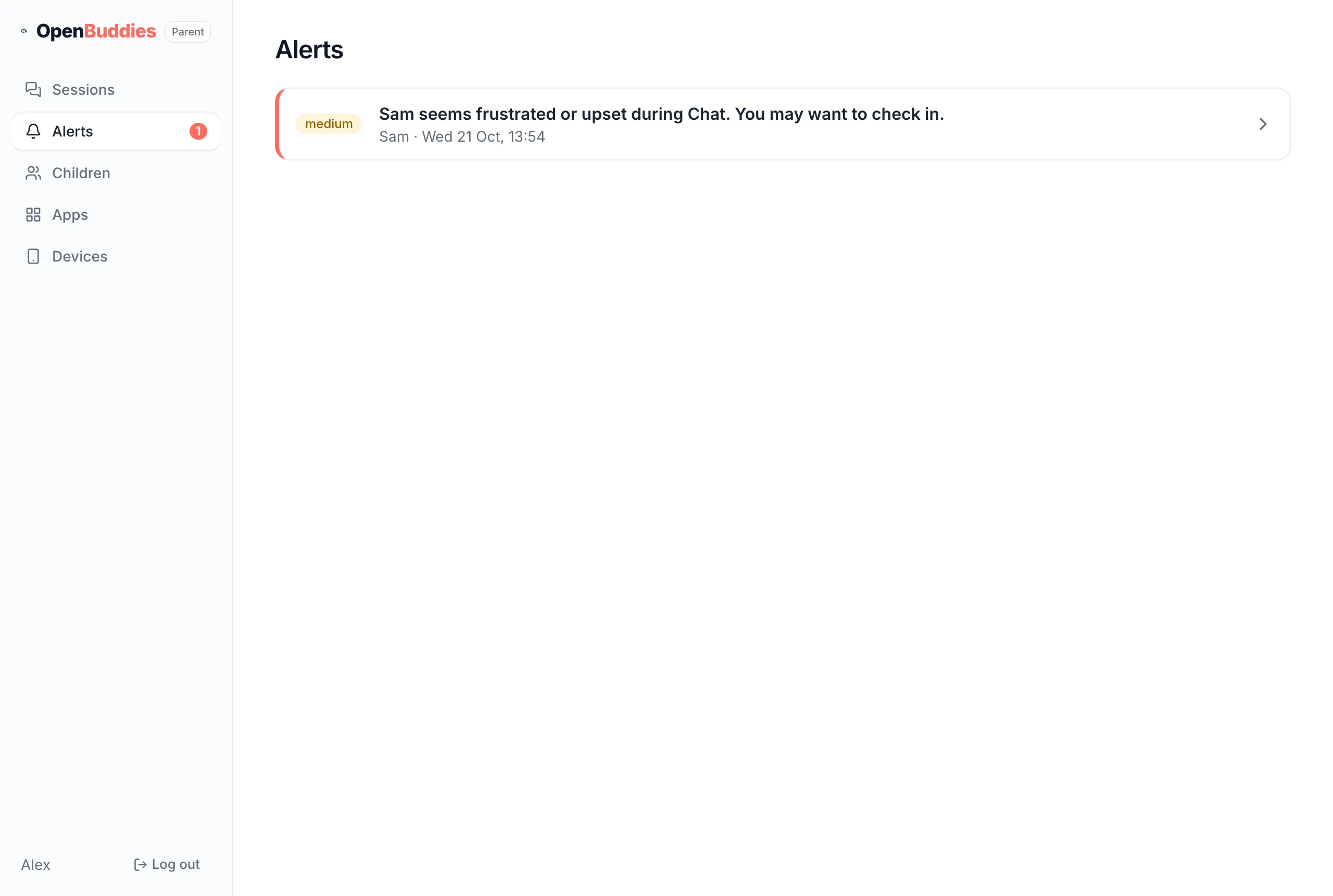 An alert: Sam seems frustrated or upset during Chat. You may want to check in.