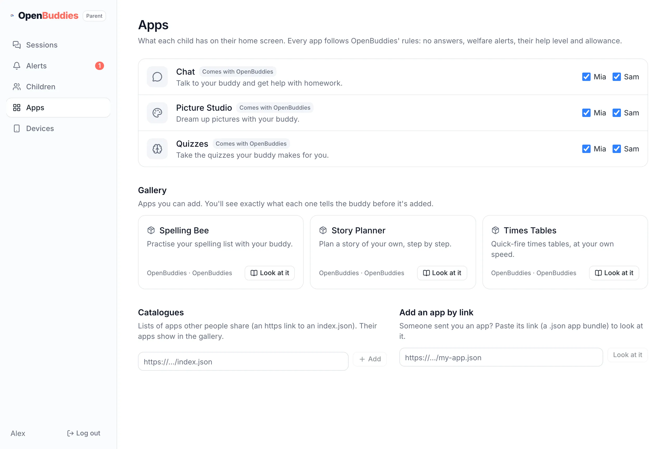 Apps: the built-in apps with a tick for each child, and the gallery below