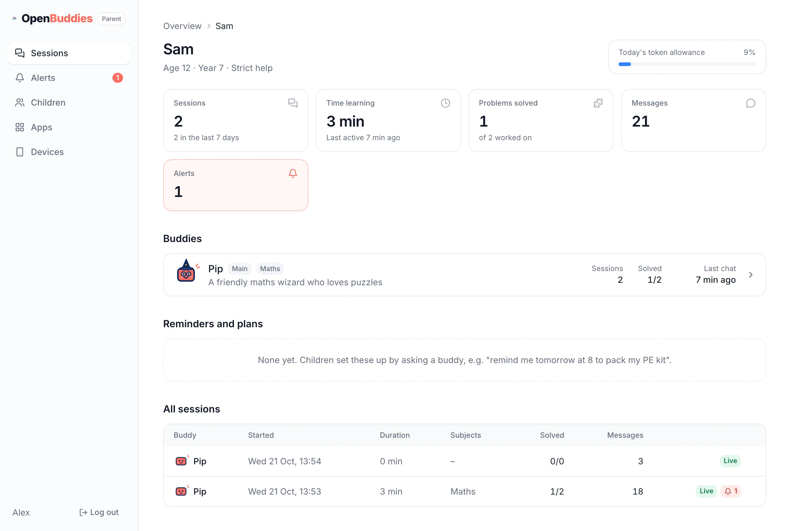 Sam's page: stats, buddies, reminders and all sessions