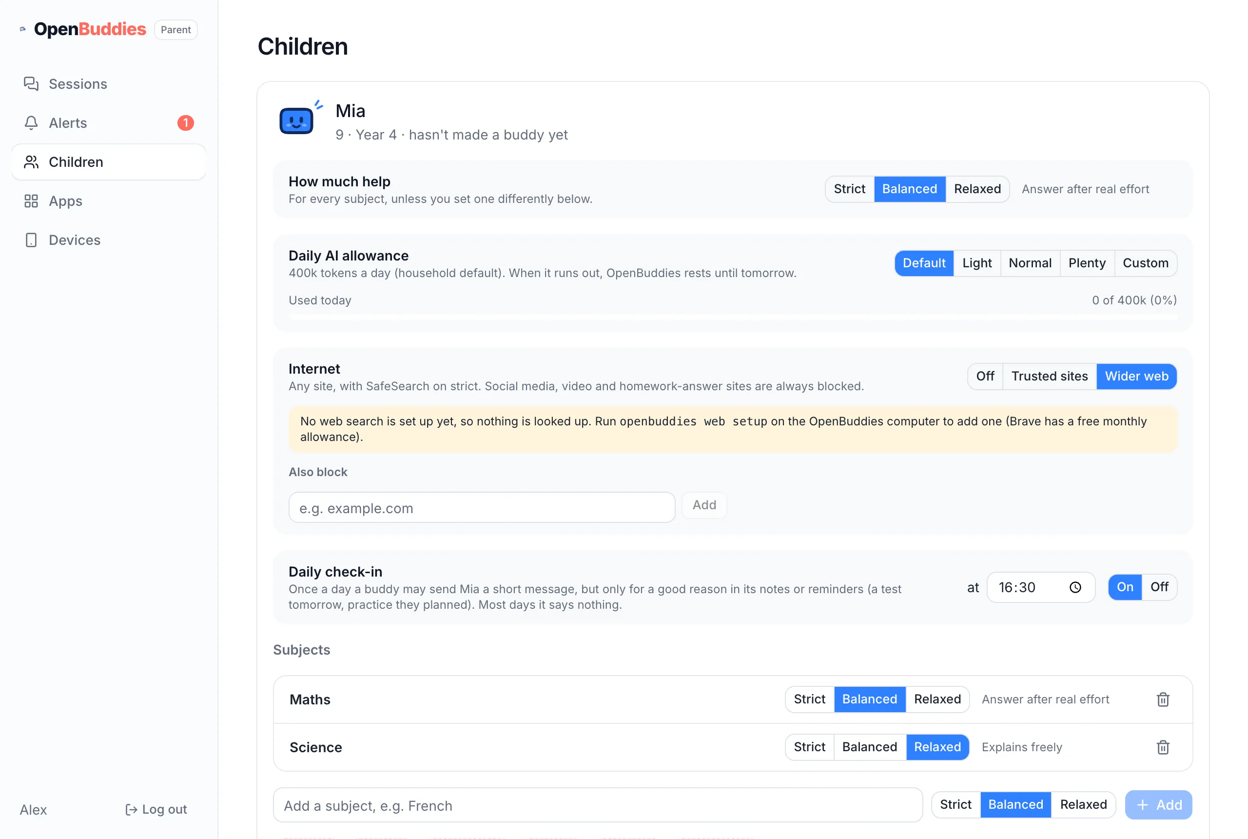 A child's settings: help level, daily AI allowance, internet, daily check-in and subjects