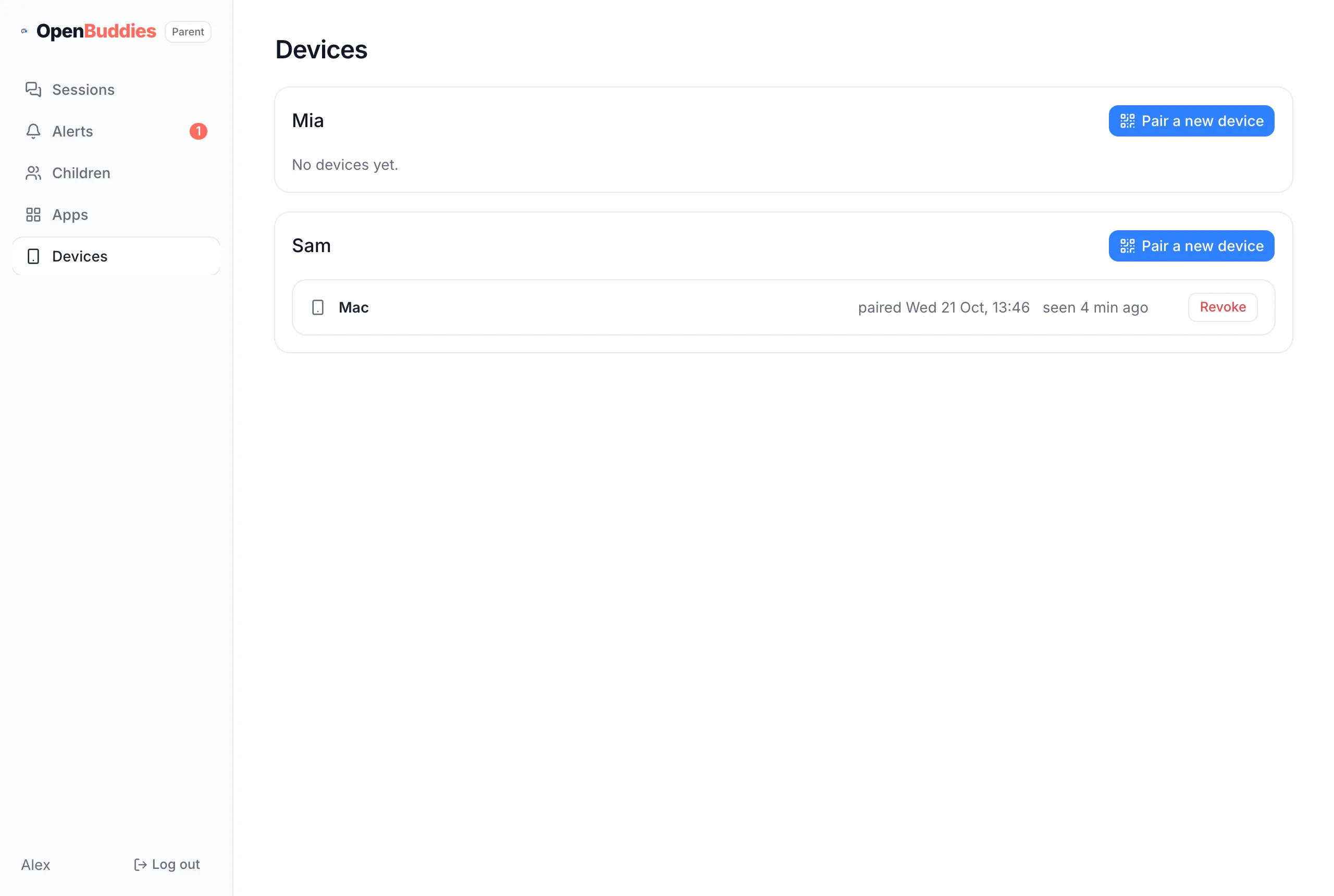 Devices: each child's paired devices, with Pair a new device and Revoke buttons